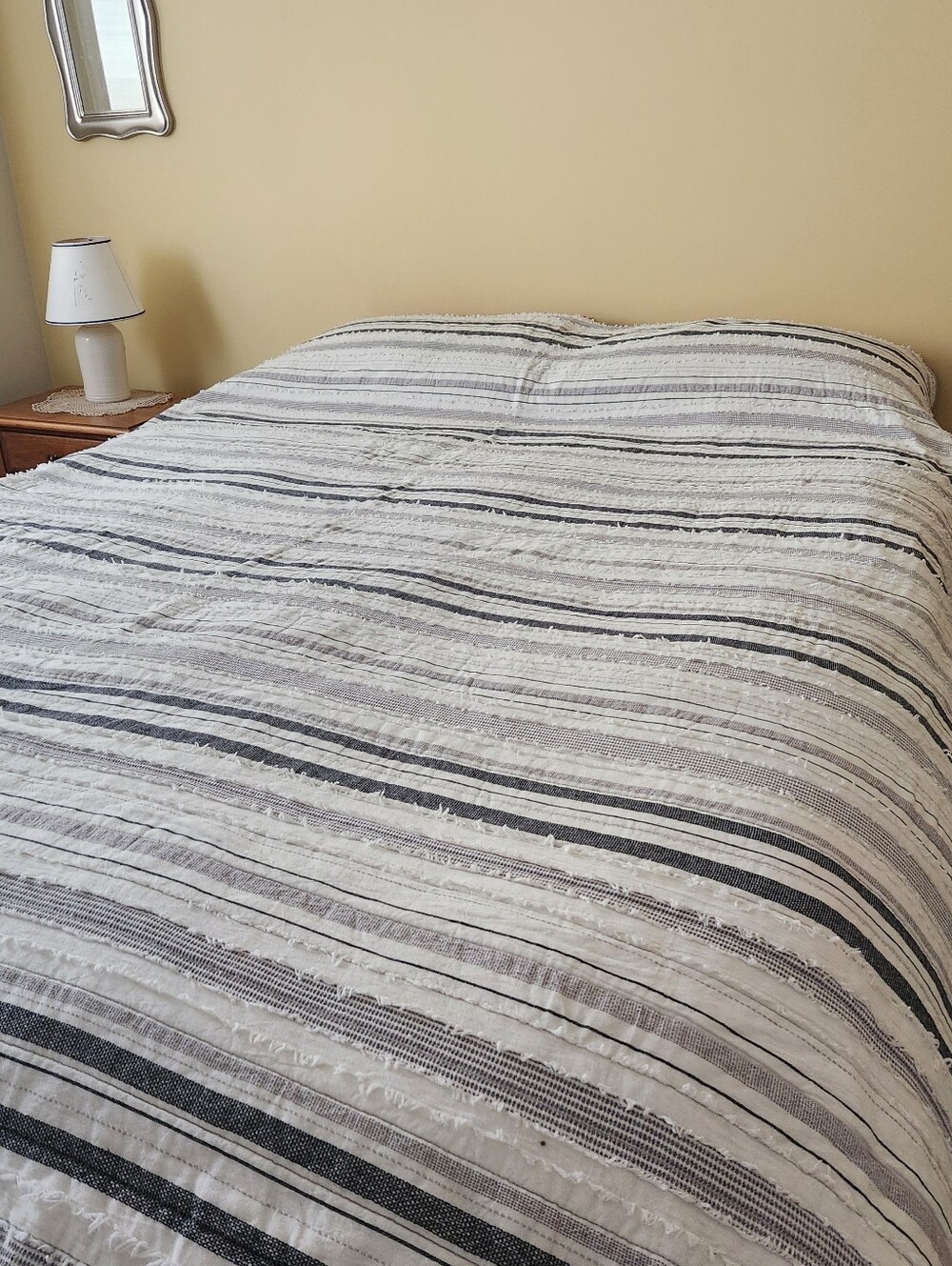 FRYE Layton Stripe Quilt King Gray Textured Reversible Cotton Bedding 108x98
